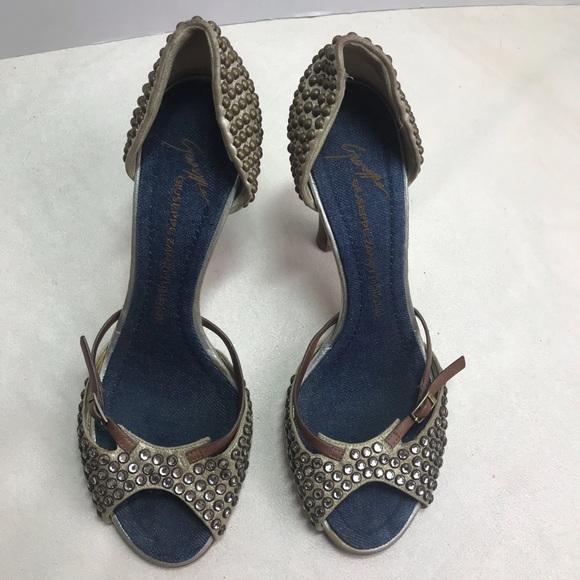 Giuseppe Zanotti Designer Shoes Size 9.5 Rhinestone Studs Open Toe High Heels - Picture 8 of 8